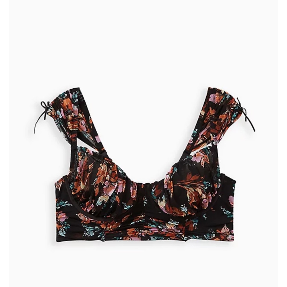 NWT Torrid Black Floral Mesh Drawstring Cap Sleeve Longline Bralette - Picture 9 of 11